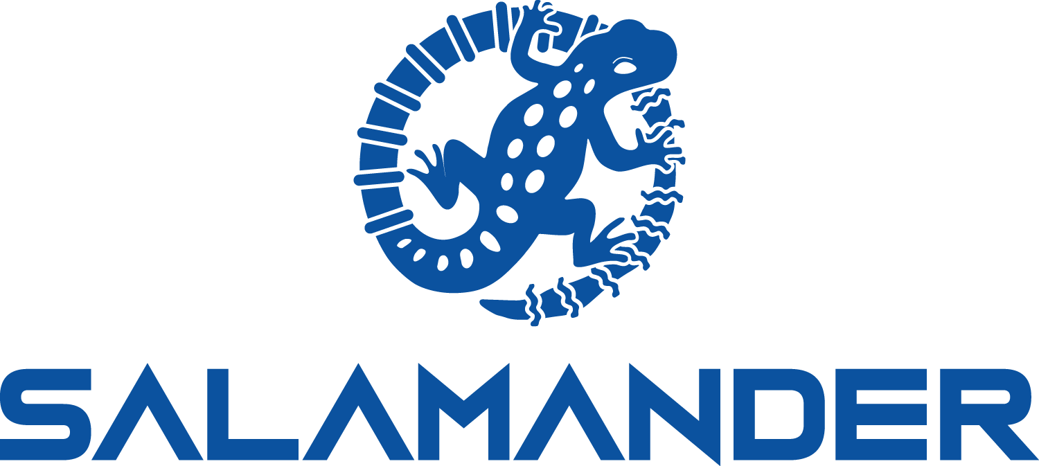 The SALAMANDER logo showing a crawling salamander whose tail morphs into two fusion devices, a tokamak and then a stellerator.